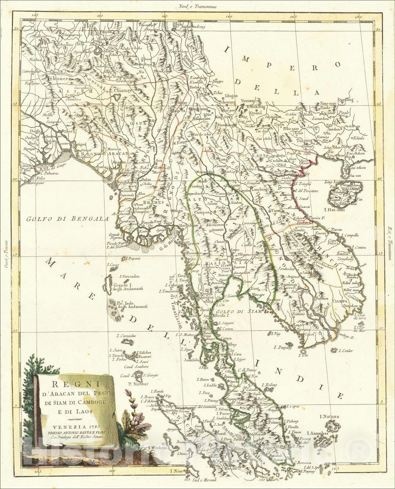 Historic Map : Regni D'Aracan Del Pegu Di Siam Di Camboge E Di Laos, 1785, 1785, Antonio Zatta, Vintage Wall Art