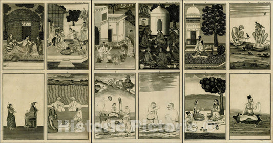 Historic Map : [12 Costumed Scenes of India], 1719, Henri Chatelain, Vintage Wall Art