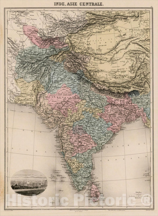 Historic Map : Inde. Asie Centrale, c1890, Jean Migeon, Vintage Wall Art