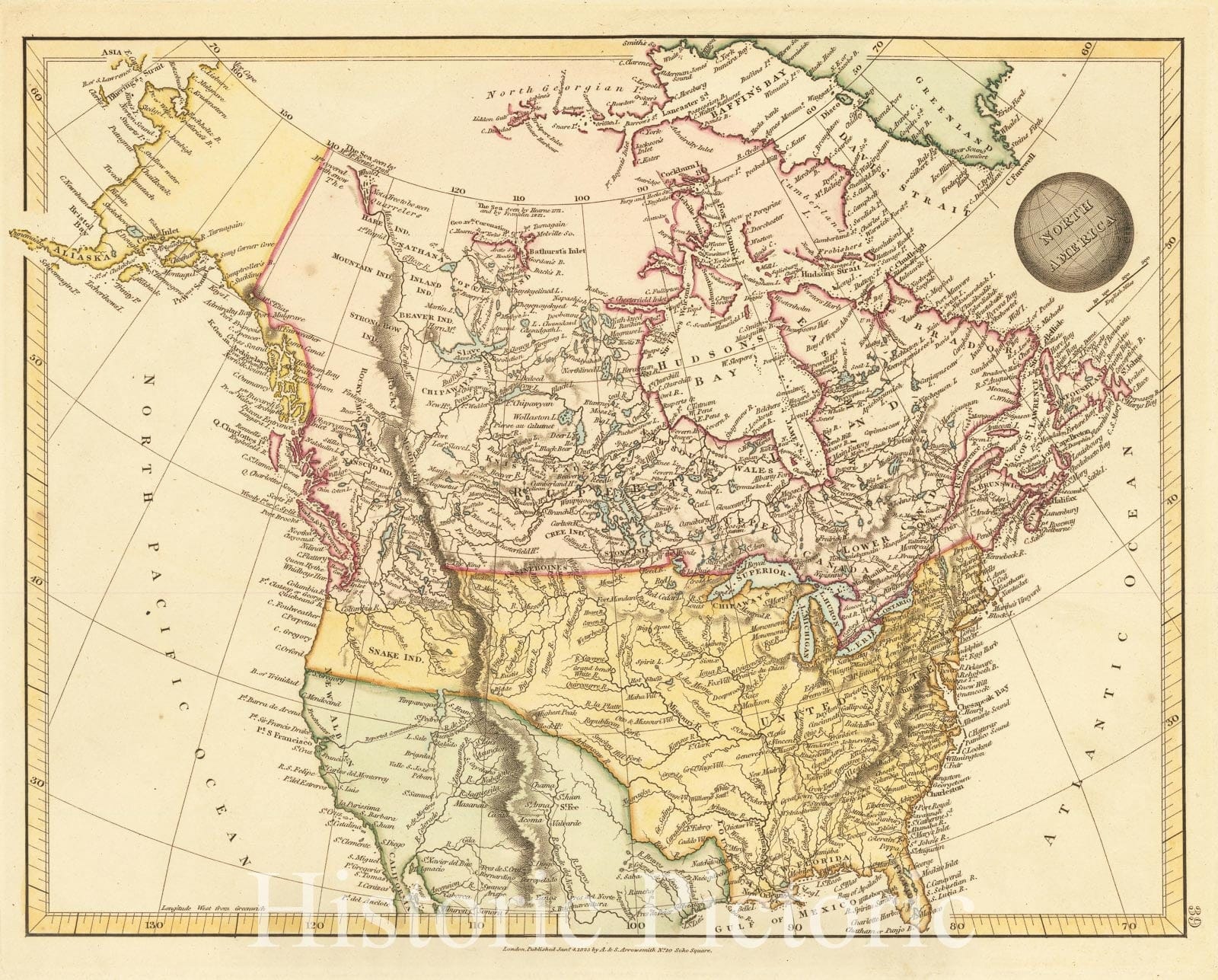 North America - Historic Map, 1825 | Hand Colored Reproduction Print