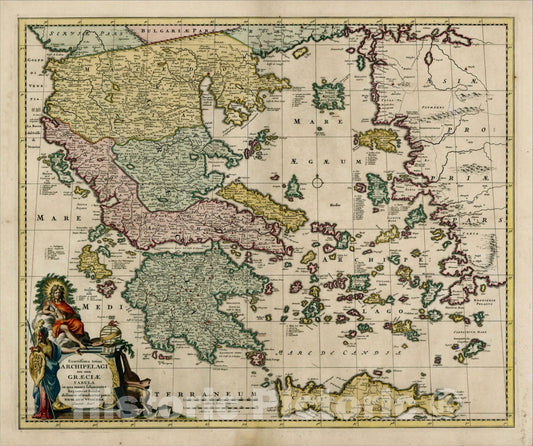 Historic Map : Exactissima totius Archipelagi nec non Graeciae Tabula in qua omnes subjacentes Regiones et Insulae distincte , 1680, Nicolaes Visscher I, Vintage Wall Art