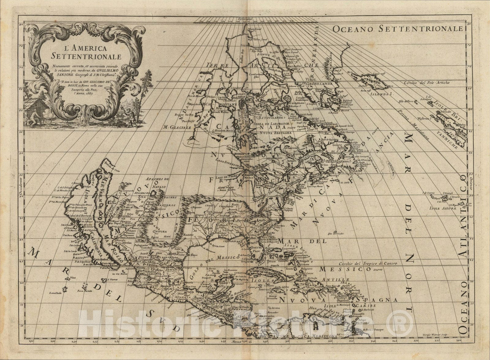 Historic Map : L'America Settentrionale Nuovamente corretta, et accresciuta secondo le relationi piu moderne, 1687 [California as an Island], 1687, , Vintage Wall Art
