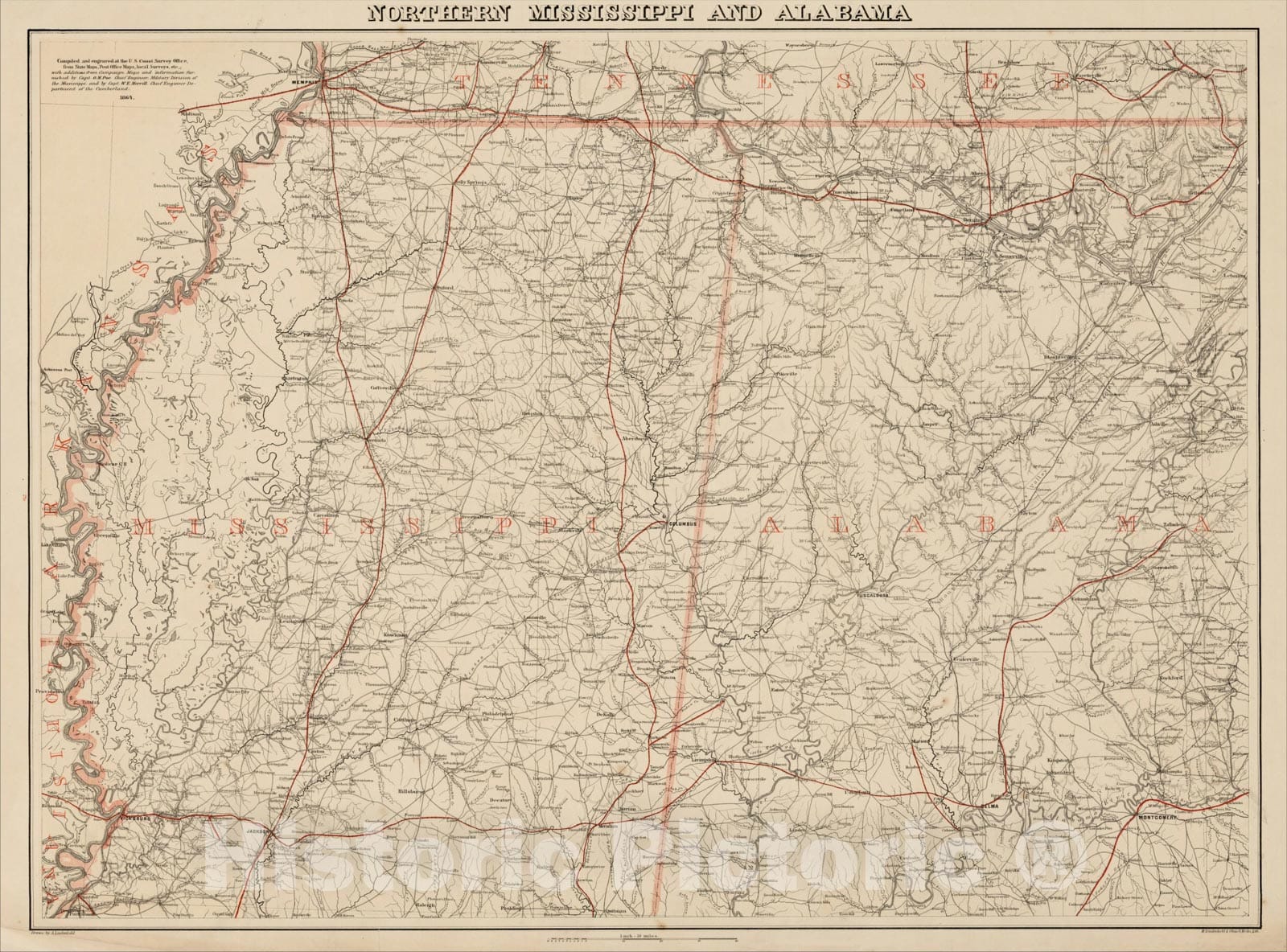 Historic Map : Northern Mississippi and Alabama, 1864, , Vintage Wall Art