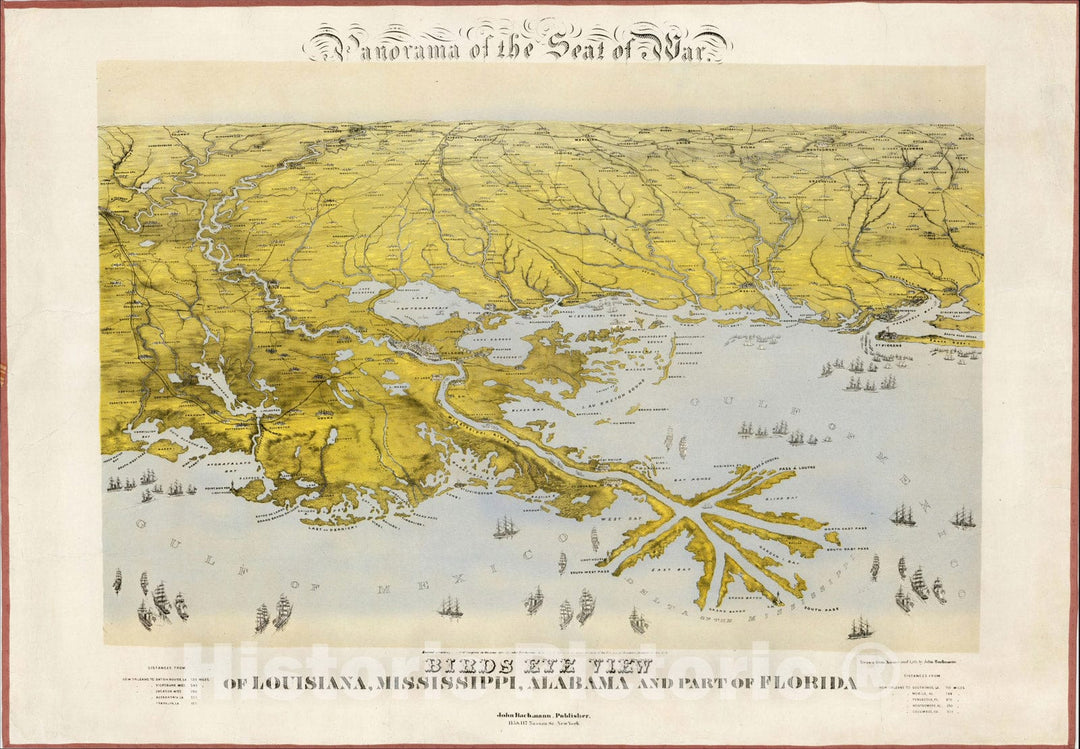 Historic Map : Panorama of the Seat of the War Birds Eye View of Louisiana, Mississippi, Alabama and Part of Florida, 1864, John Bachmann, v2, Vintage Wall Art