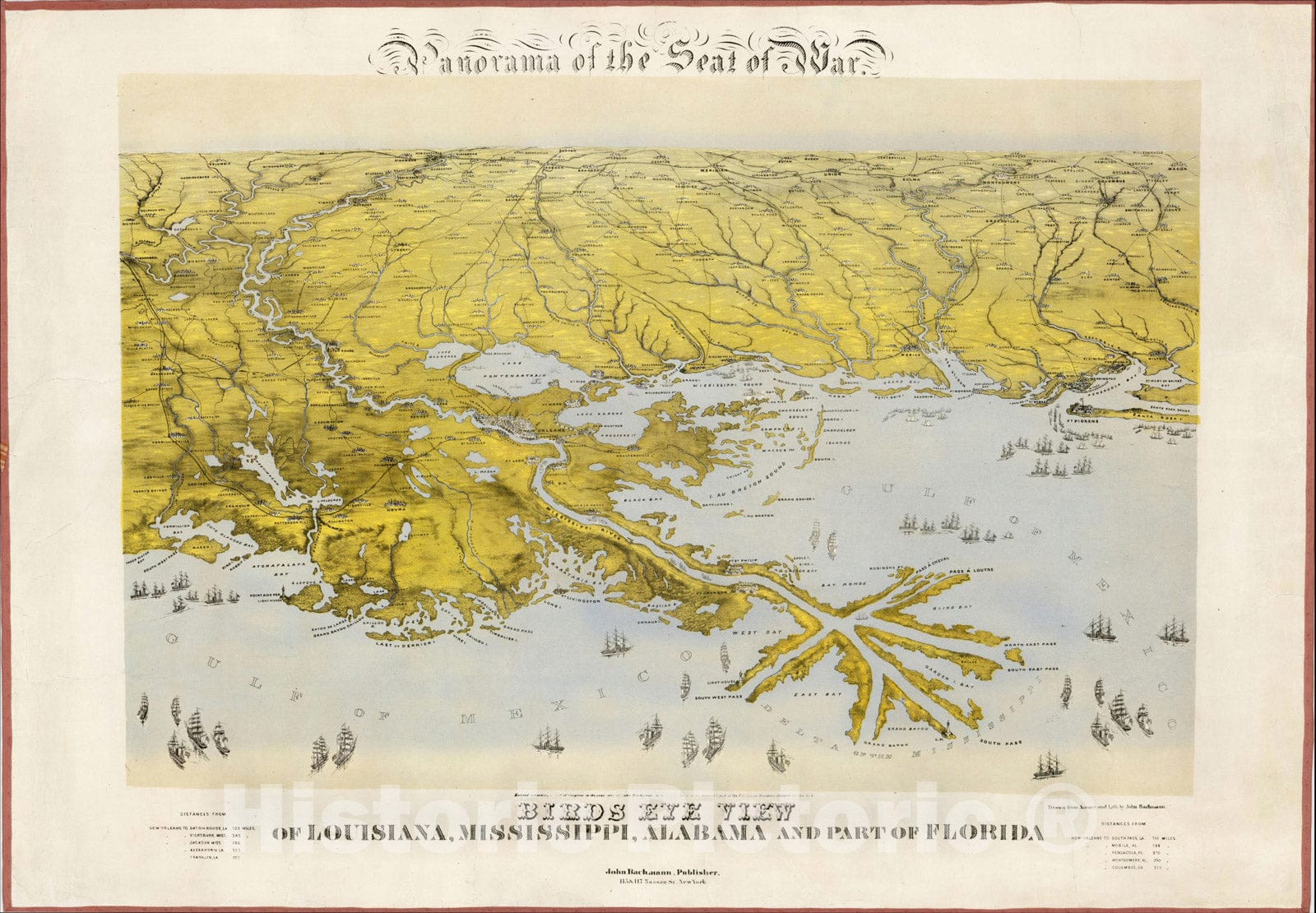 Historic Map : Panorama of the Seat of the War Birds Eye View of Louisiana, Mississippi, Alabama and Part of Florida, 1864, John Bachmann, v2, Vintage Wall Art