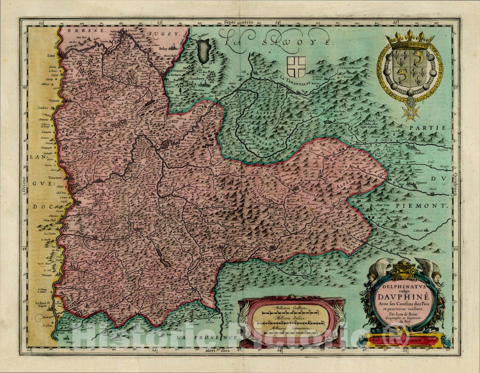 Historic Map : Delphinatus vulgo Dauphine Avec ses Confins des Pais et provinces voisines Par Ieare de Beines , 1642, Willem Janszoon Blaeu, Vintage Wall Art