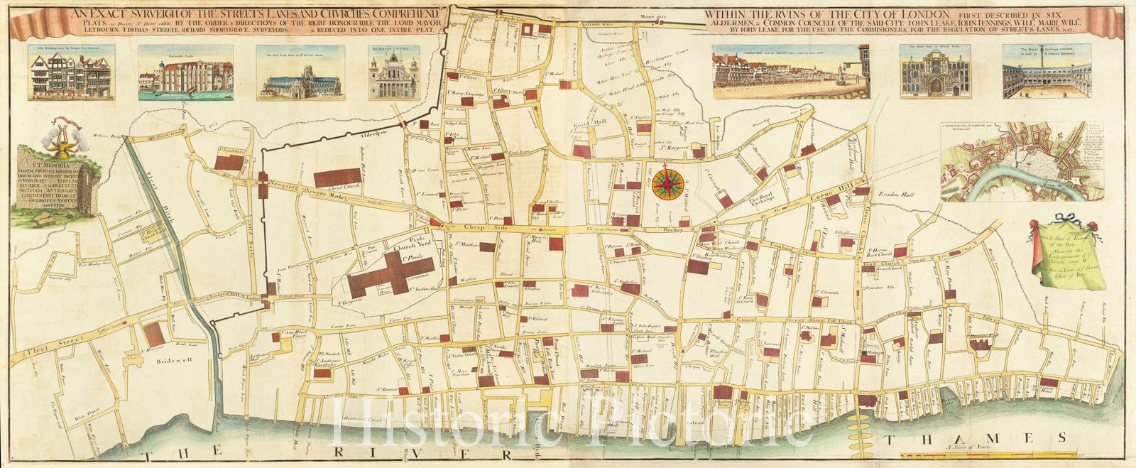 Historic Map : An Exact Surveigh of the Streets, Lanes, and Churches, Commrehend.d. Within The Ruins of the City of London, 1723, George Vertue, Vintage Wall Art