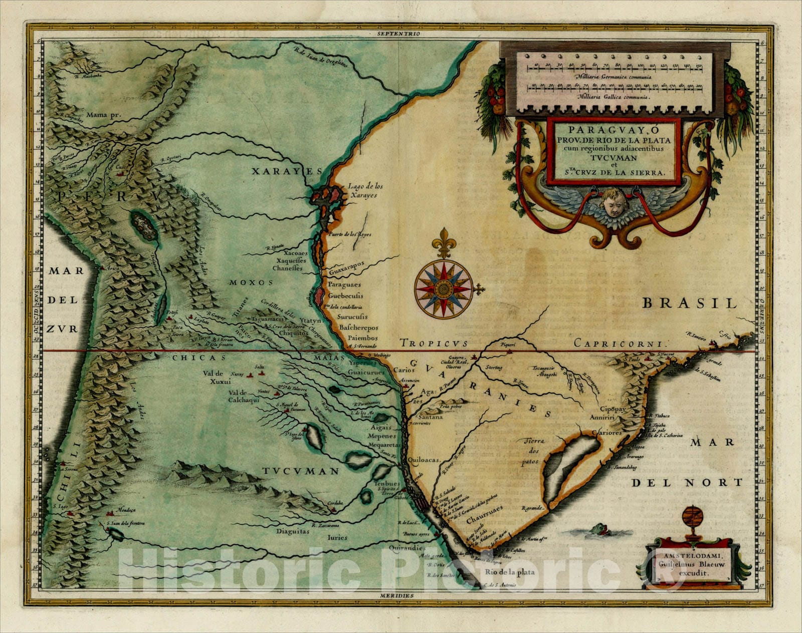 Historic Map : Paraguay o Prov. De Rio De La Plata cum regionibus adiacentibus Tucuman et Sta. Cruz De la Sierra, 1642, Willem Janszoon Blaeu, Vintage Wall Art