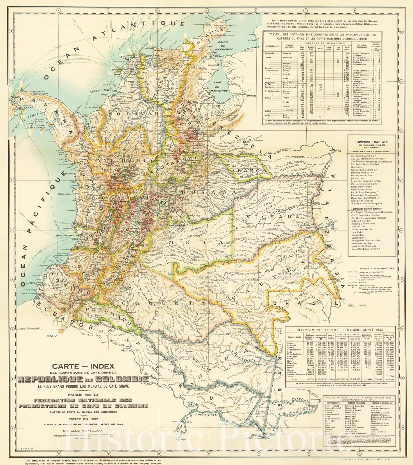Index of Coffee Plantations in Colombia 1933 Historical Map Print