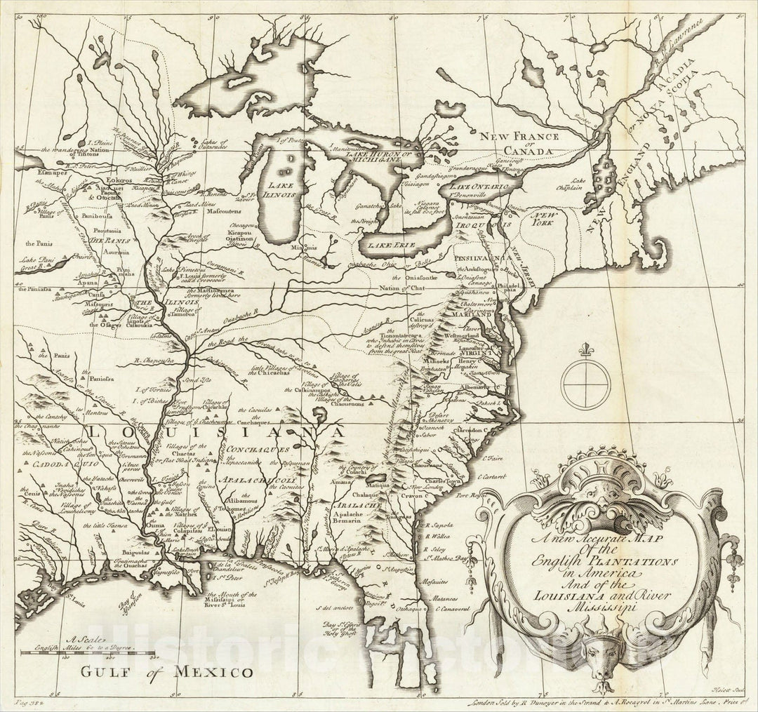 Historic Map : A new Accurate Map of the English Plantations in America And of the Louisiana and River Mississipi, 1720, J. Hulett, Vintage Wall Art