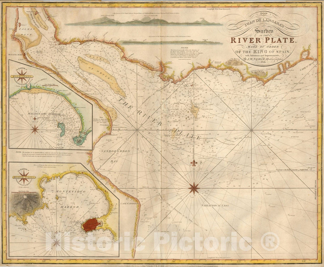 Historic Map : Don Juan de Langara's Survey of the River Plate, Made By Order of the King of Spain, 1824, , Vintage Wall Art