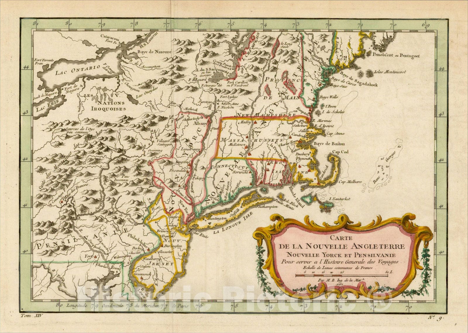Historic Map : Carte De La Nouvelle Angleterre Nouvelle Yorck et Pensilvanie . . .1757, 1757, Jacques Nicolas Bellin, Vintage Wall Art