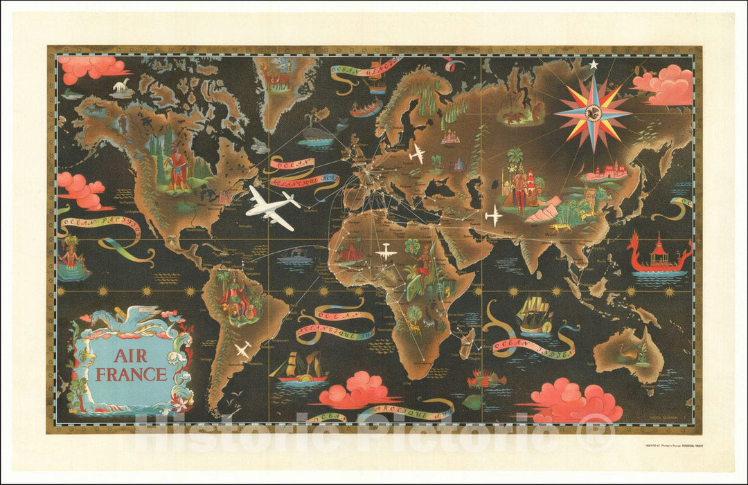 Historic Map : [World] Air France -- Reseau Aerien Mondial, 1948, Lucien Boucher, Vintage Wall Art