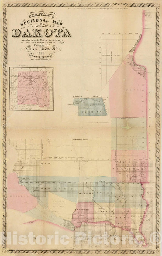 Historic Map : Chapman's Sectional Map of the Surveyed Part of Dakota, Compiled from the United States Surveys, 1869, Silas Chapman, Vintage Wall Art