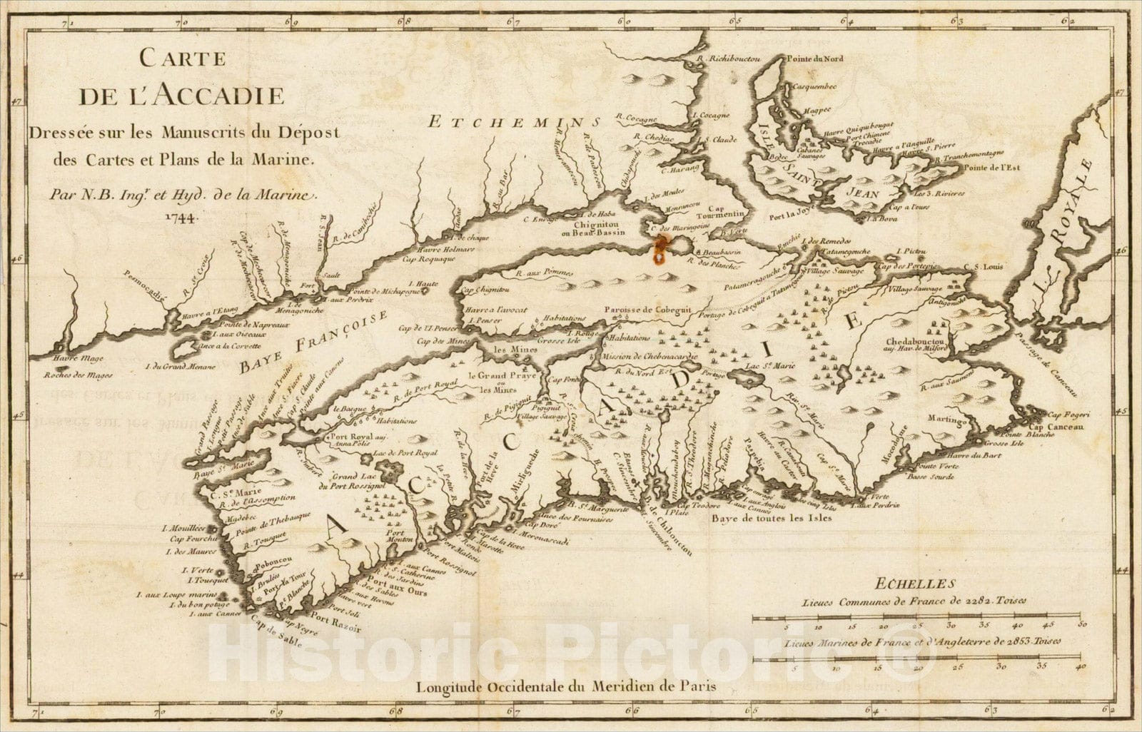 Historic Map : Carte De L'Accadie Dressee sur les Manuscrits du Depost des Cartes e Plans de la Marine, 1744, 1744, Jacques Nicolas Bellin, Vintage Wall Art