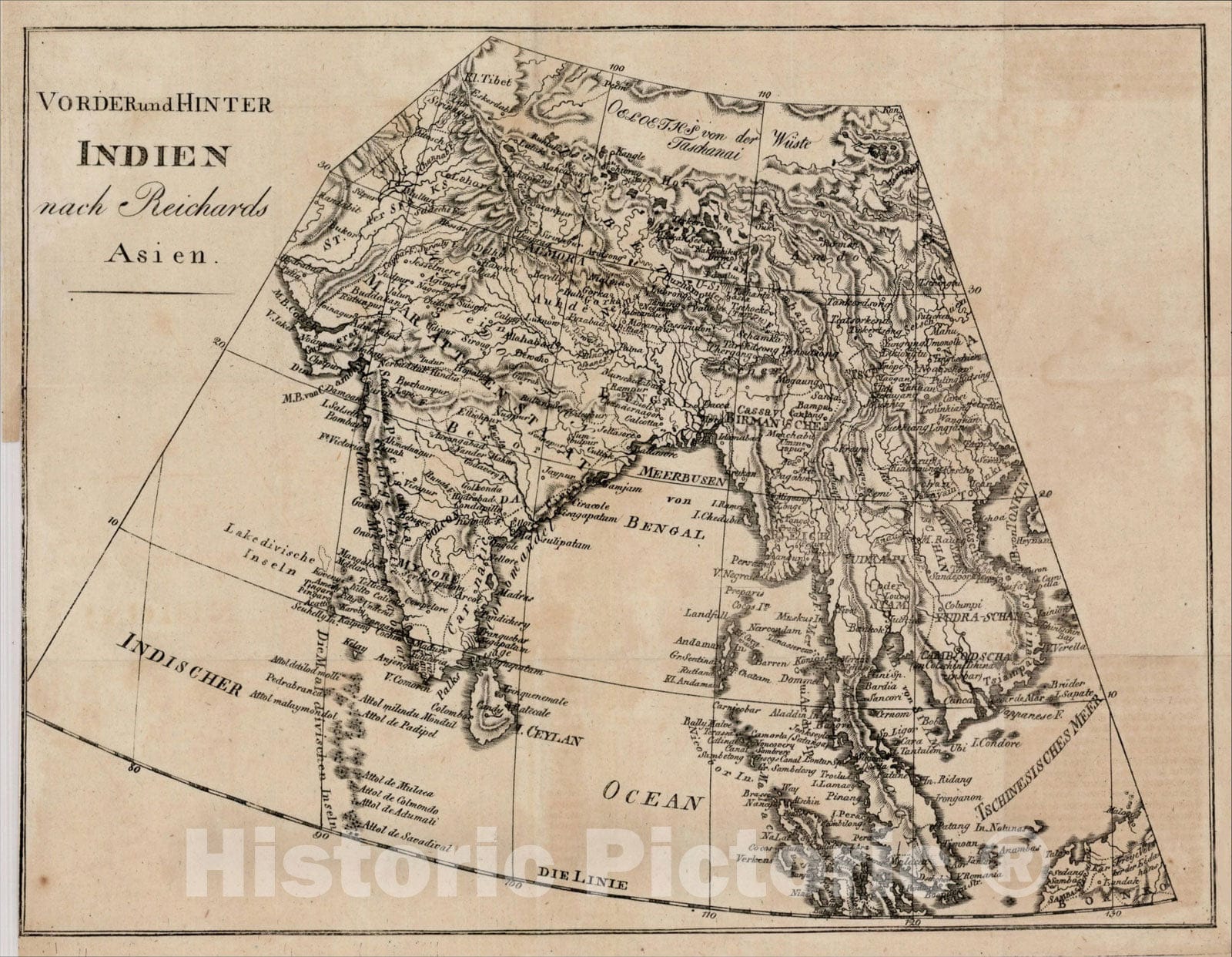 Historic Map : Indien Vorder und Hinter Indien nach Reichards Asien, c1800, , Vintage Wall Art