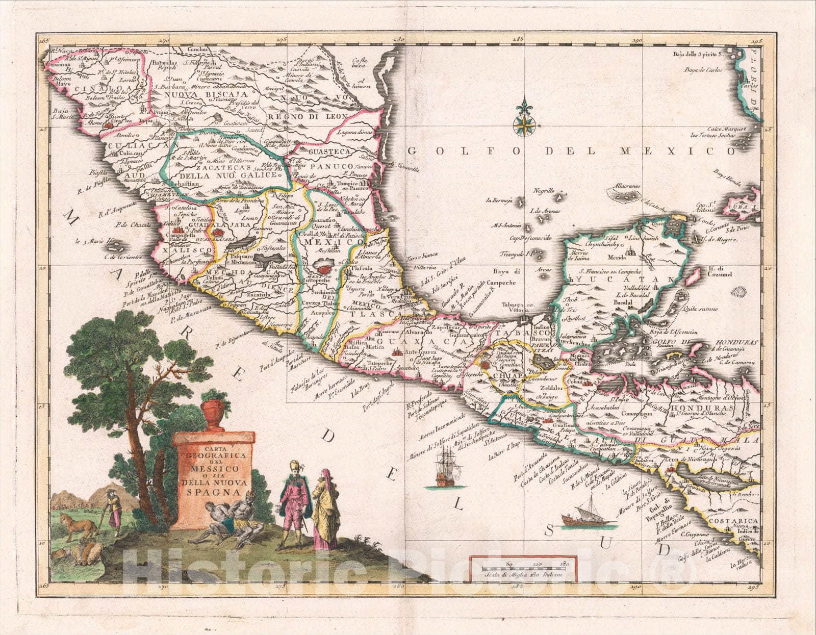 Historic Map : Carta Geografica Del Messico o sia Deall Nuova Espagna, 1740, Giambattista Albrizzi, Vintage Wall Art