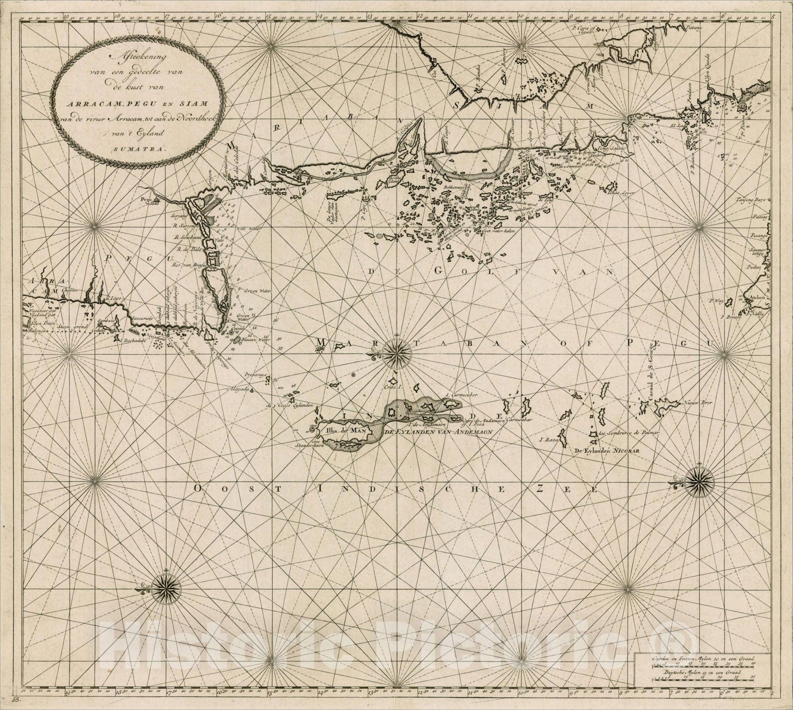 Historic Map : Afteekening van een gedeelte van de kust van Arracam, Pegu en Siam van de rivier Arracam, tot aan de Noordhoek van 't Eyland Sumatra., 1753, , Vintage Wall Art