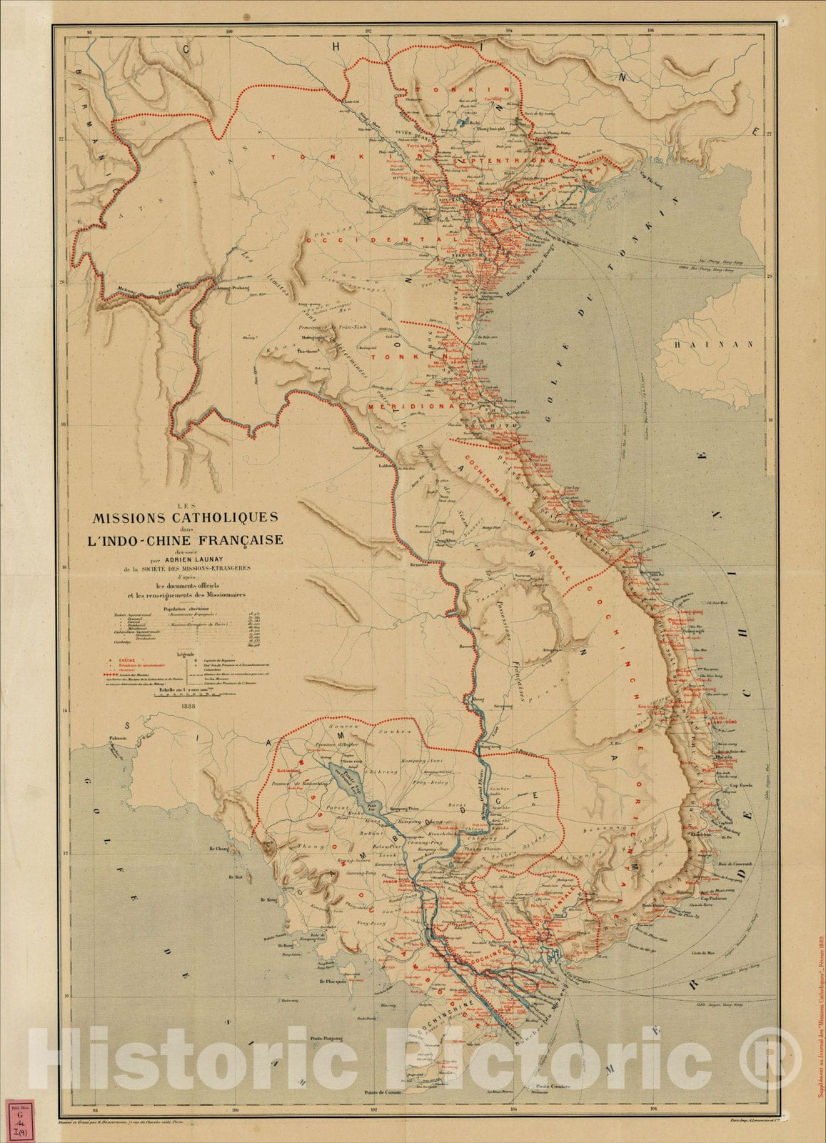 Historic Map : Les Missions Catholiques dans L'Indo-Chine Francaise dresee pa Adrian Launay de la Societe, 1888, , Vintage Wall Art