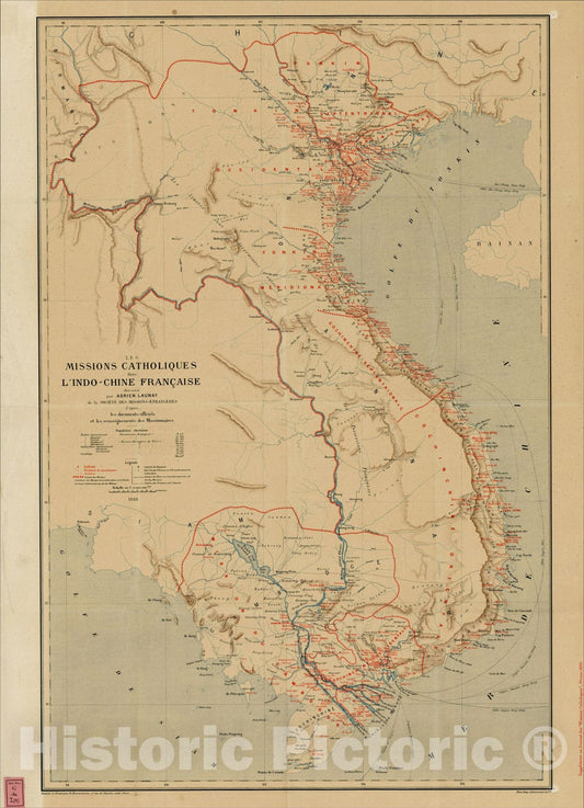 Historic Map : Les Missions Catholiques dans L'Indo-Chine Francaise dresee pa Adrian Launay de la Societe, 1888, , Vintage Wall Art