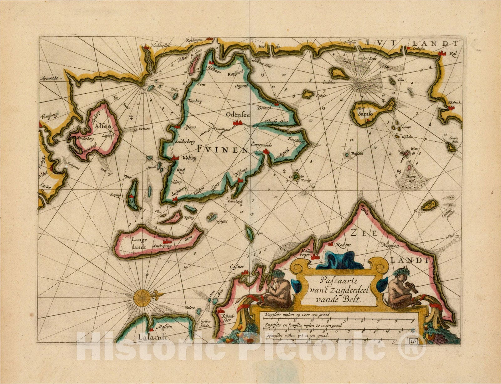 Historic Map : Pascaarte van't Zuijderdeel vande Belt, 1624, , Vintage Wall Art
