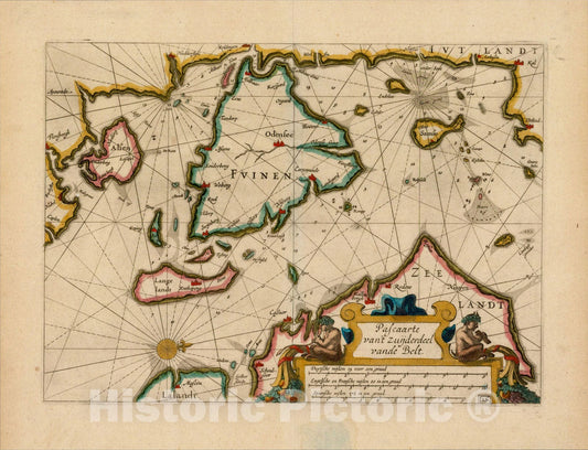 Historic Map : Pascaarte van't Zuijderdeel vande Belt, 1624, , Vintage Wall Art