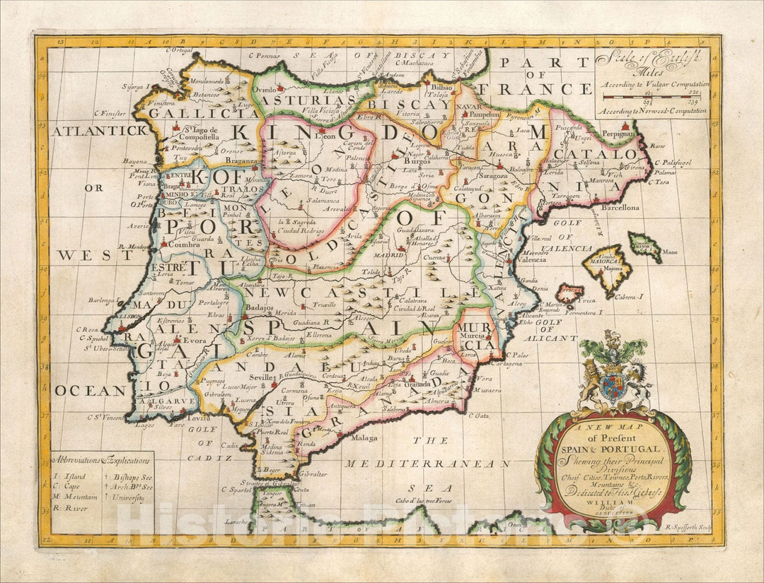 Historic Map : A New Map of Present Spain & Portugal Shewing their Principal Divisions Chief Cities, Townes, Ports, Rivers, Mountains &c., 1712, Edward Wells, Vintage Wall Art