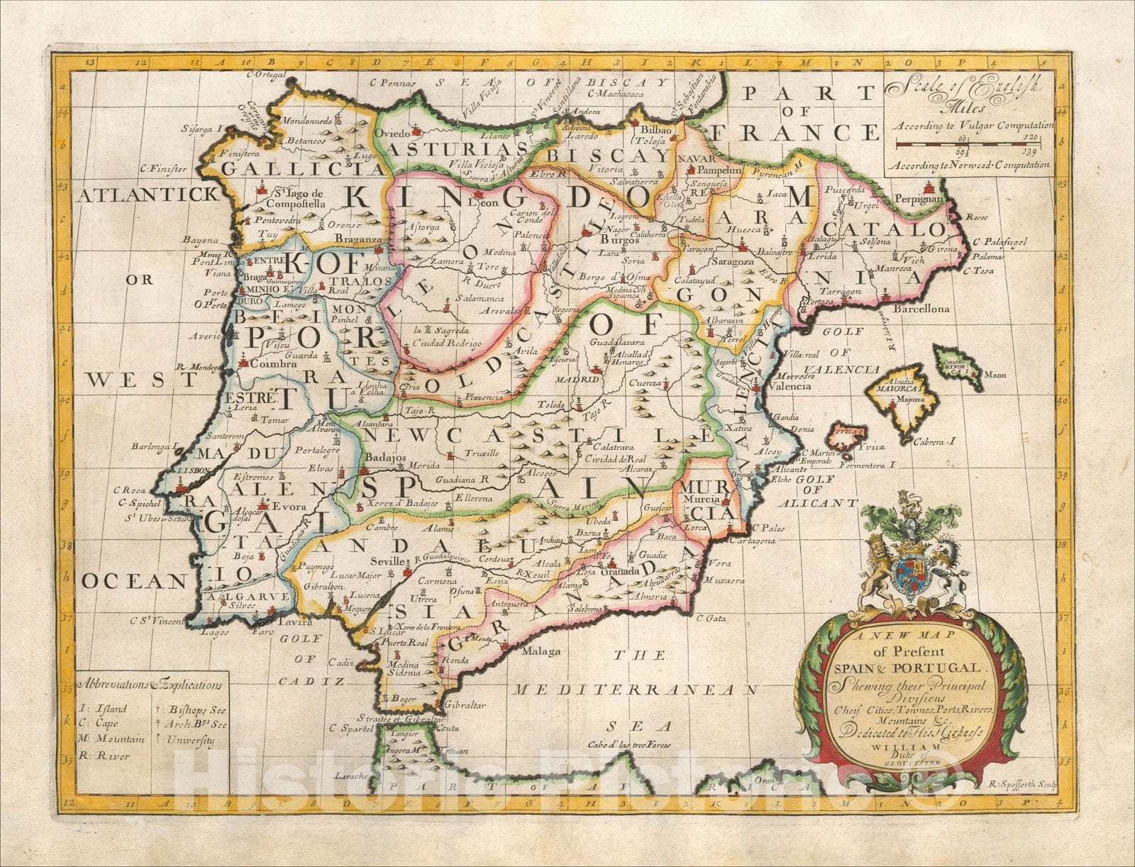 Historic Map : A New Map of Present Spain & Portugal Shewing their Principal Divisions Chief Cities, Townes, Ports, Rivers, Mountains &c., 1712, Edward Wells, Vintage Wall Art