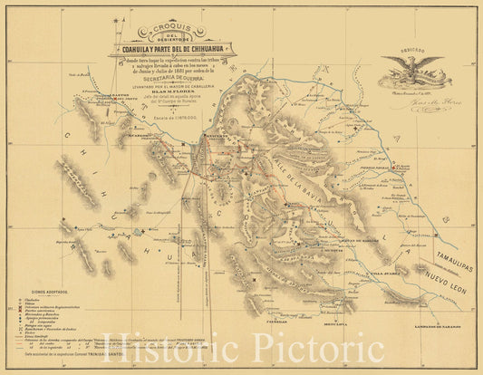 Historic Map : Croquis Del Desierto De Coahuila y Parte Del De Chihuahua, 1892, Blas Flores, Vintage Wall Art