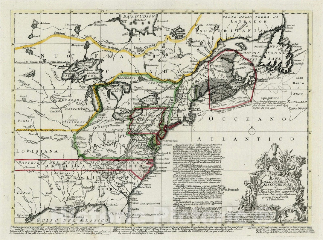 Historic Map : Mappa Dell' America Settenrionale ove sono rappresentati esattam i Paesi e loro limiti controesi, 1756, Francesco Griselini, Vintage Wall Art