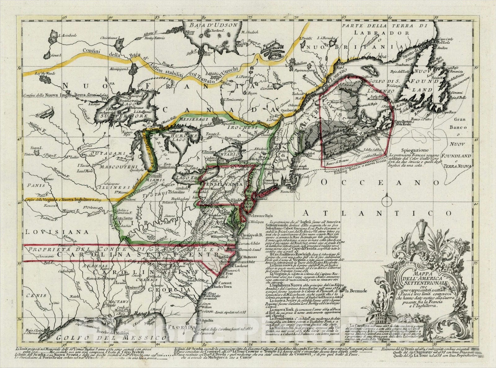 Historic Map : Mappa Dell' America Settenrionale ove sono rappresentati esattam i Paesi e loro limiti controesi, 1756, Francesco Griselini, Vintage Wall Art