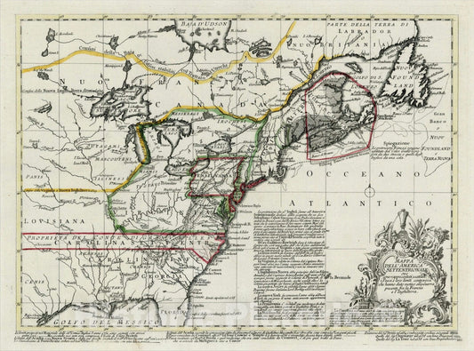 Historic Map : Mappa Dell' America Settenrionale ove sono rappresentati esattam i Paesi e loro limiti controesi, 1756, Francesco Griselini, Vintage Wall Art