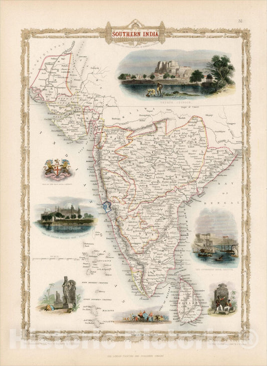 Historic Map : Southern India, 1851, John Tallis, v1, Vintage Wall Art