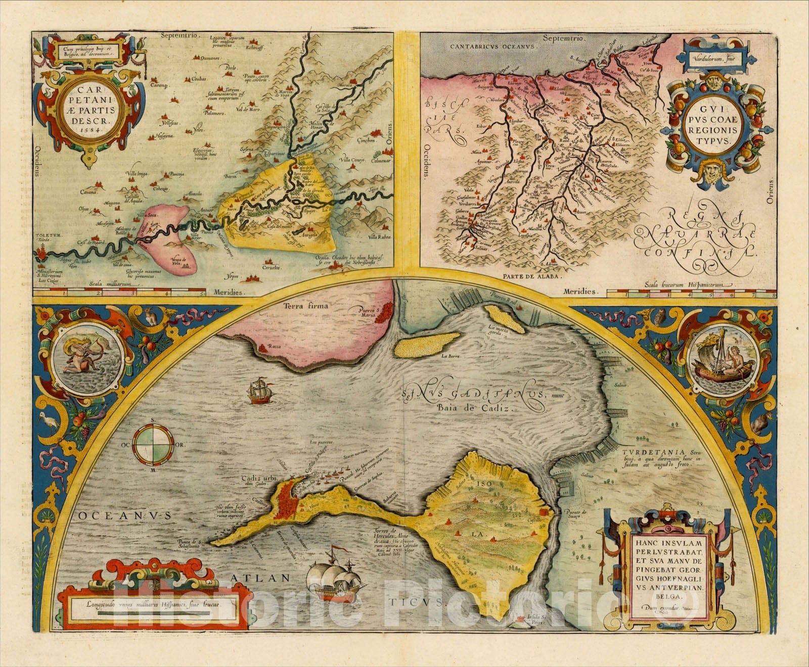 Historic Map : Hanc Insulam Perlustrabat . . .[Bay of Cadiz] with Carpetaniae, 1584 [Toledo] with Guipuscoae Regionis Typus, 1608, Abraham Ortelius, Vintage Wall Art