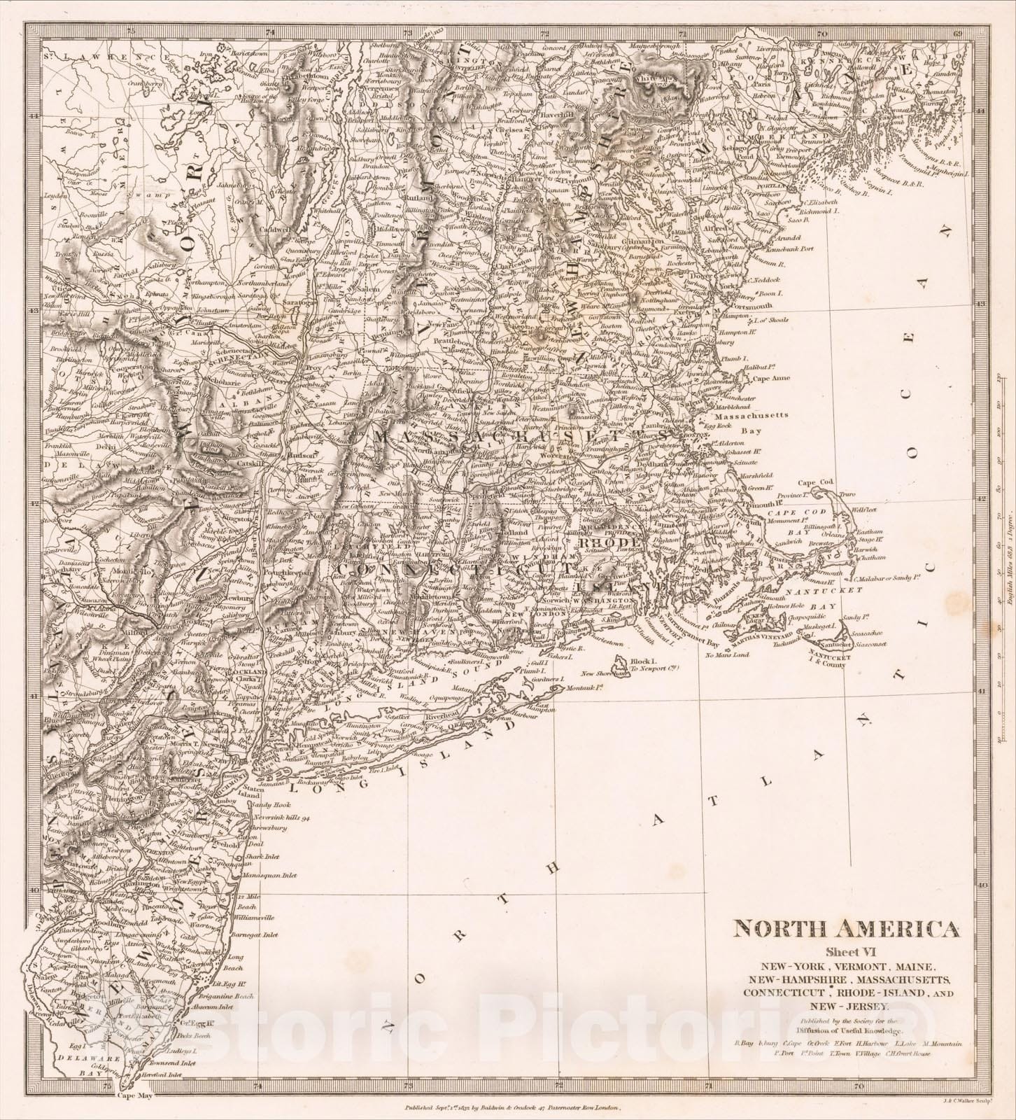 Historic Map : North America Sheet VI New-York, Vermont, Maine, New-Hampshire, Massachusetts, Connecticut, Rhode-Island, And New Jersey, 1845, SDUK, Vintage Wall Art
