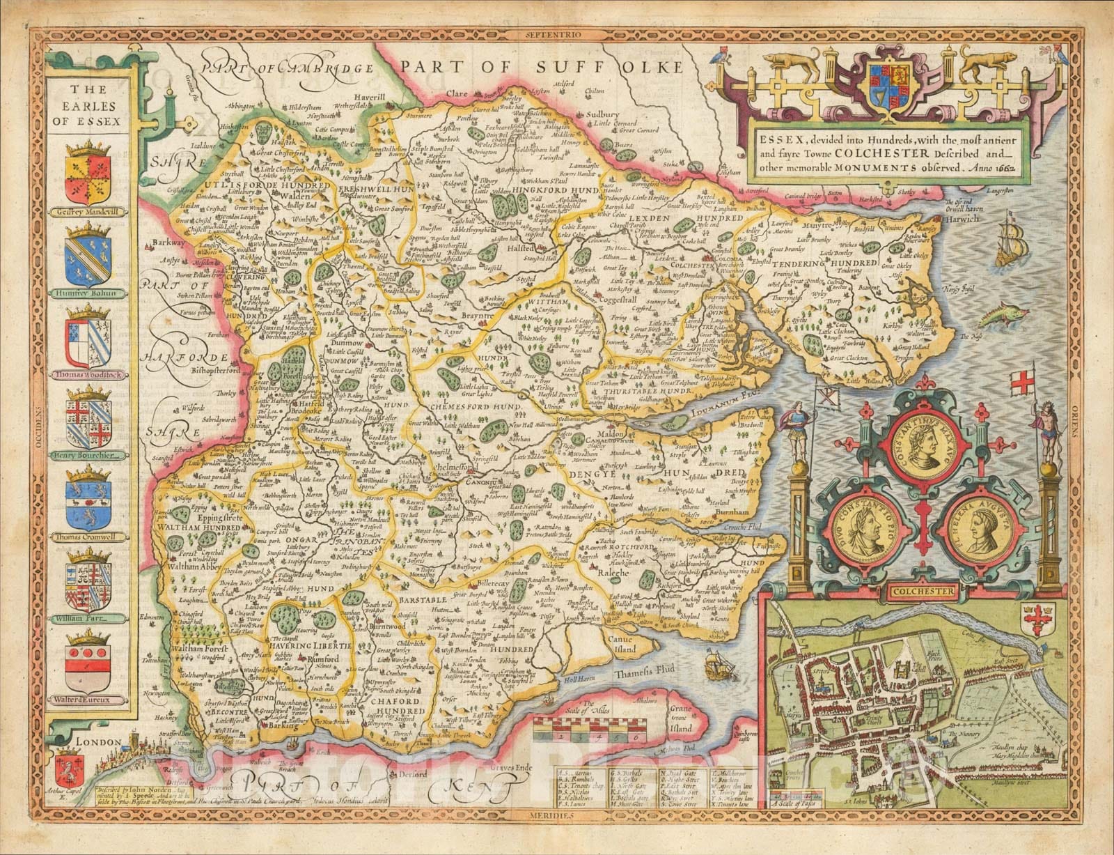 Historic Map : Essex, devided into Hundreds, with the most antient and fayre owne Colchester, 1676, John Speed, Vintage Wall Art
