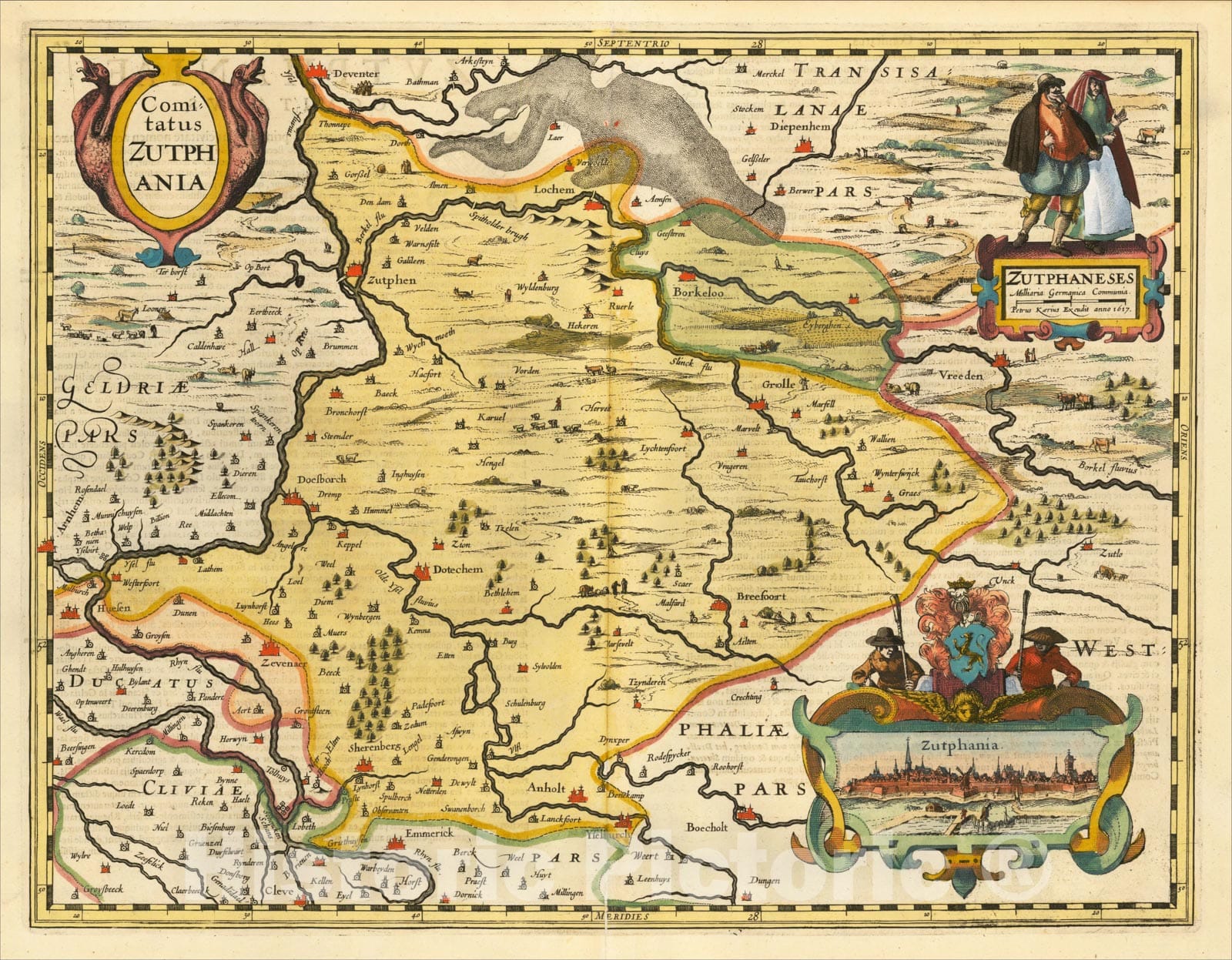 Historic Map : Comitatus Zutphania, 1617, Petrus Kaerius, Vintage Wall Art