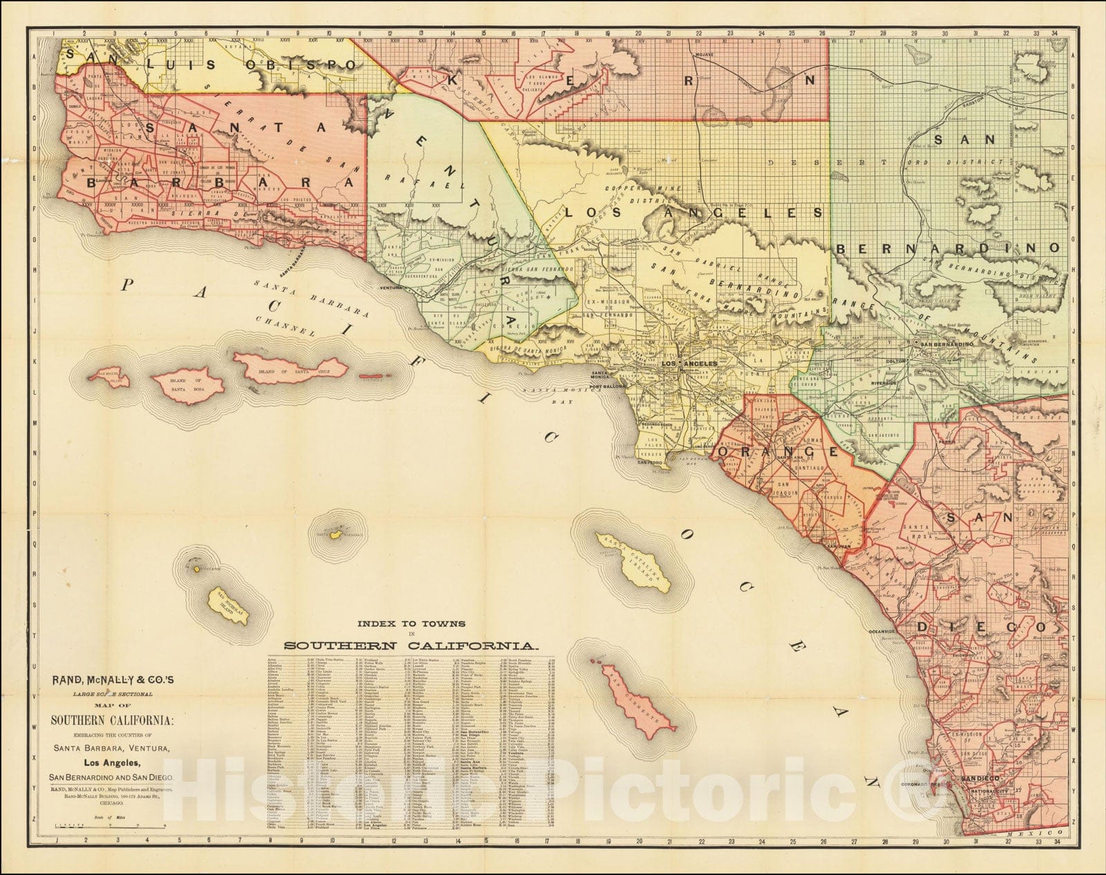 Historic Map : Large Scale Sectional Map of Southern California, 1889, Rand McNally & Company, Vintage Wall Art