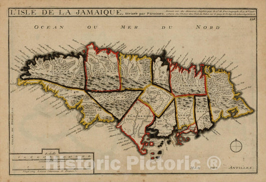 Historic Map : L'Isle de la Jamaique divisee par Paroisses, 1705, Nicolas de Fer, v1, Vintage Wall Art