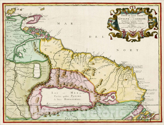 Historic Map : Partie de Terre Ferme ou sont Guiane et Caribane Augmentee et Corrigee suivant les dernieres Relations, 1656, 1656, , Vintage Wall Art