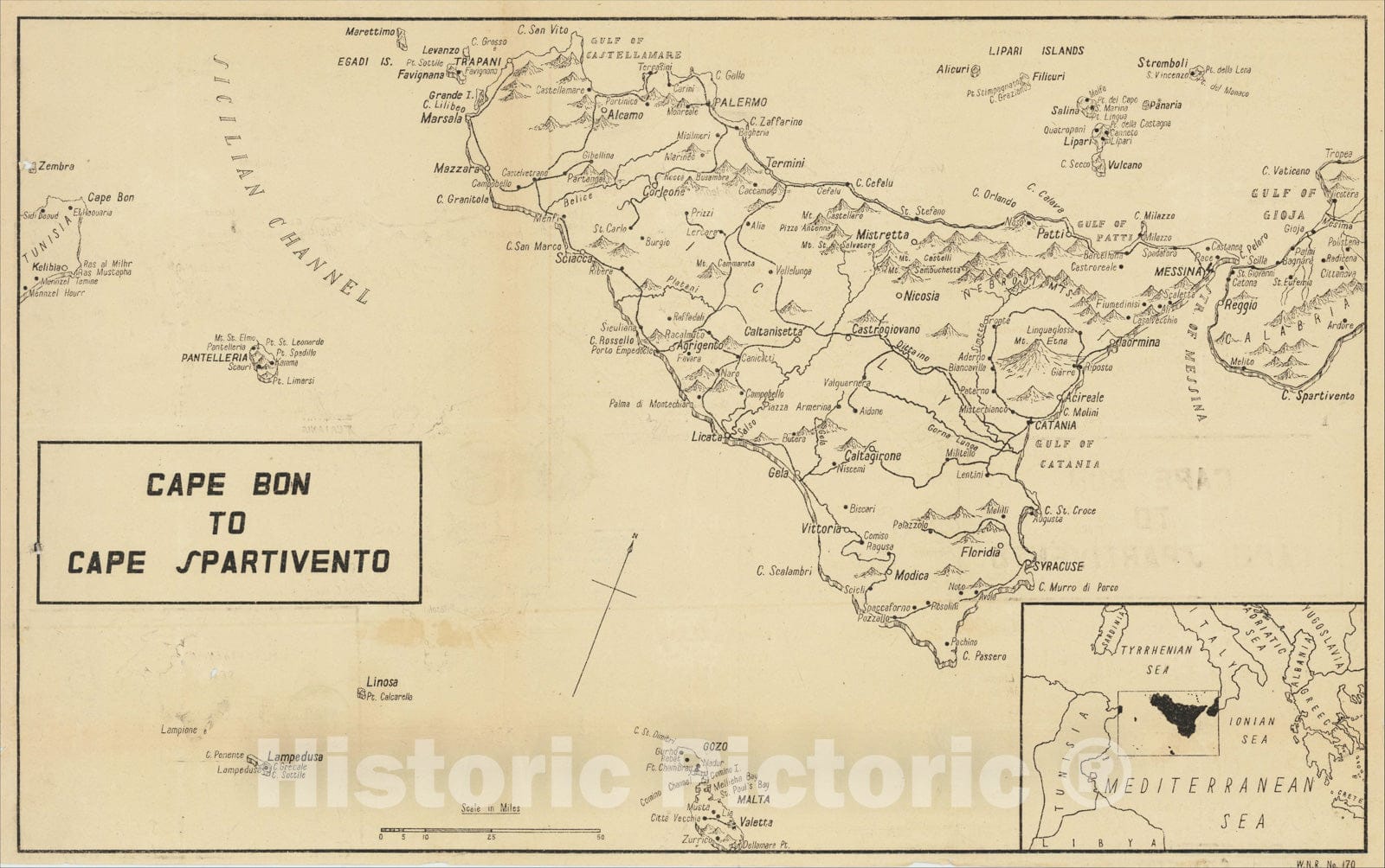 Historic Map : Cape Bon To Cape Spartivento, c1943, C. P. D., Vintage Wall Art