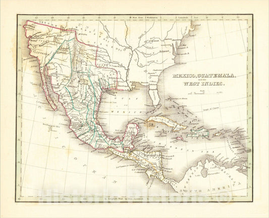 Historic Map : Mexico, Guatemala and the West Indies, 1835, Thomas Gamaliel Bradford, Vintage Wall Art