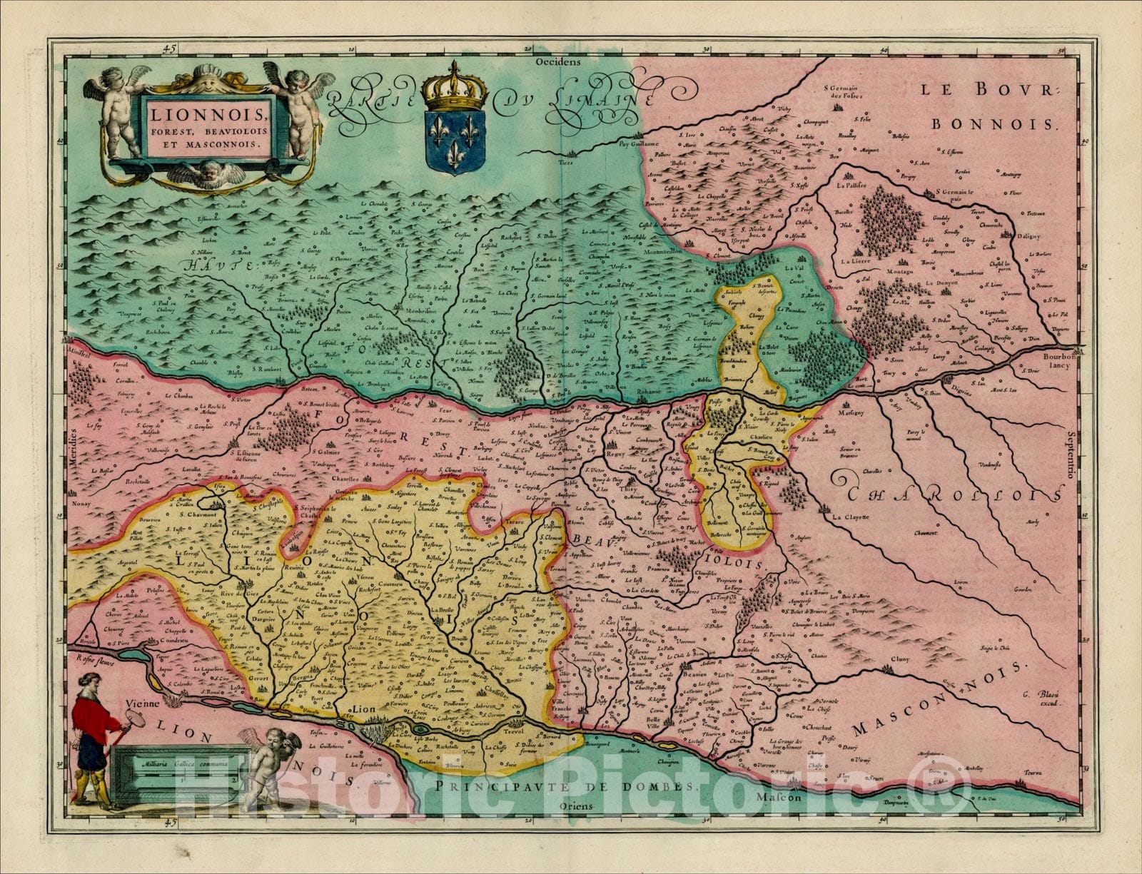 Historic Map : Lionnois, Forest, Beauiolois et Maconnois, 1642, Willem Janszoon Blaeu, Vintage Wall Art