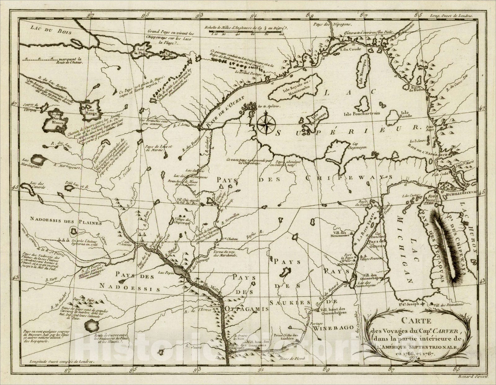 Historic Map : Carte des Voyages du Cape. Carver, dans la partie interieure de L'Amerique Septentrionale, en 1766, et 1767., 1784, Jonathan Carver, Vintage Wall Art
