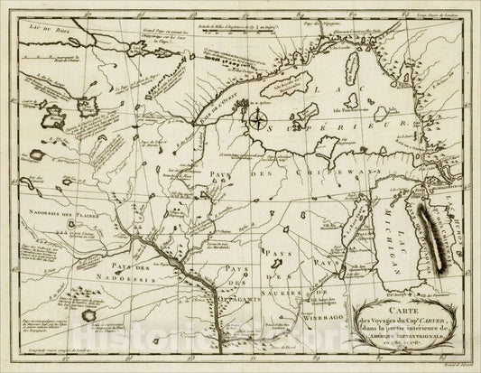 Historic Map : Carte des Voyages du Cape. Carver, dans la partie interieure de L'Amerique Septentrionale, en 1766, et 1767., 1784, Jonathan Carver, Vintage Wall Art