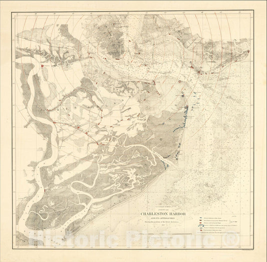 Historic Map : Charleston Harbor And Its Approaches Showing the positions of the Rebel Batteries 1863., 1863, United States Coast Survey, v1, Vintage Wall Art