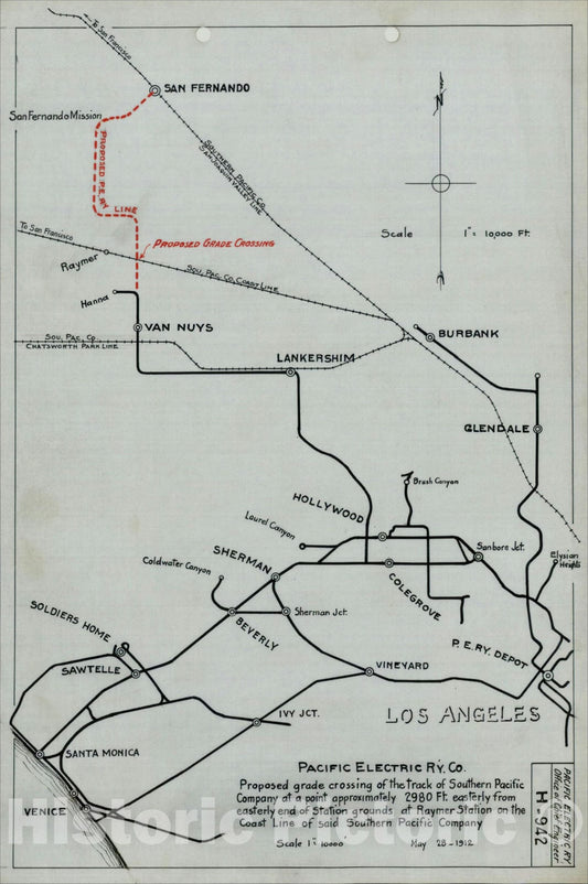 Historic Map : Pacific Electric Ry. Co. Proposed grade crossing of the track of Southern Pacific Company, 1912, , Vintage Wall Art
