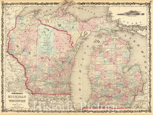 Michigan and Wisconsin - County Map, 1863 | Historical Map Print