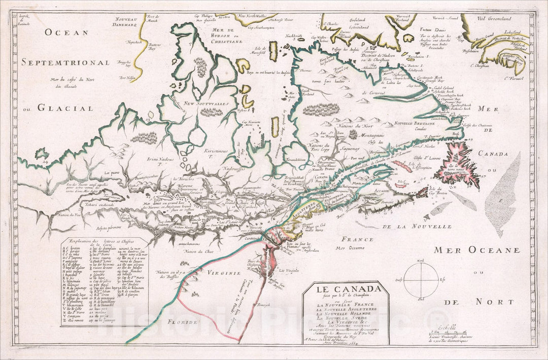 Historic Map : La Nouvelle France, La Nouvelle Angleterre, La Nouvelle Holande, La Nouvelle Suede, La Virginie &c. Avec les Nationes voisines, 1664, Vintage Wall Art