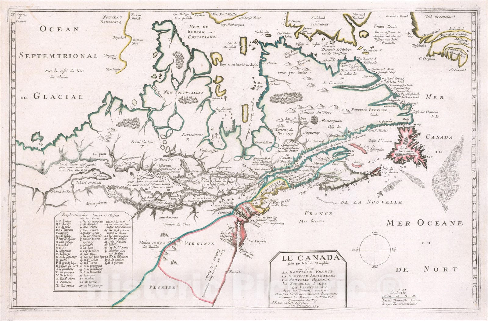 Historic Map : La Nouvelle France, La Nouvelle Angleterre, La Nouvelle Holande, La Nouvelle Suede, La Virginie &c. Avec les Nationes voisines, 1664, Vintage Wall Art